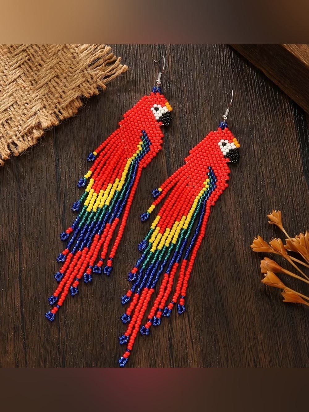 NWT Parrot Hand Beaded Dangle Earrings Red - Picture 2 of 3